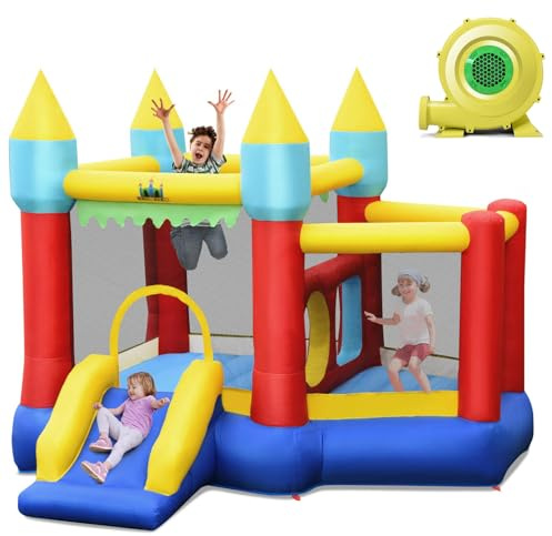 COSTWAY Castillo Hinchable con Tobogán, Castillo Inflable de 301x313x165cm para Niños de 3 a 10 años, con 100 Bolas Oceánicas, Kit de Reparación y Bolsa de Transporte (con Soplador de 480 W)