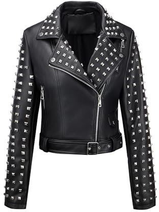 Giolshon Chaqueta de Moto de Piel Sintética para Mujer con Tachuelas, Pantalón Corto Informal, Abrigo de Motociclista, Trajes de Otoño, Ropa de Moda 2024 3221 Negro M