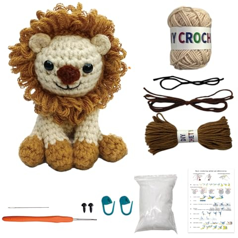 MJARTORIA Strickset Häkelset für Anfänger Tiere, Häckeln Stricken für Anfänger Set mit Anleitung, Kreativ Strickset Bastelset Erwachsene Kinder Geschenk(Braun Löwe)