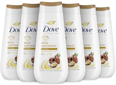 Dove Bagnoschiuma Dolce Nutrimento, Bagnodoccia Idratante, Formula Delicata sul Microbioma della Pelle, con Agenti Idratanti Vegetali, Senza Solfati SLES, Bagnodoccia Uomo e Donna, 6 Pezzi da 225 ml