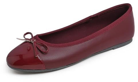 Feversole Women's Bow Tie Fashion Dress Slip On Shoes Round Toe Ballet Burgundy Toe Cap UK Size 5