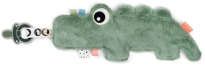 Done by Deer Cozy Friend Croco Grün - Super weich und kuschelig Kuscheltuch mit Schnullerhalter und Beißring, 30 x 12 cm - Baby Kuscheltier, Schmusetuch - Stofftier-Schnuffeltuch