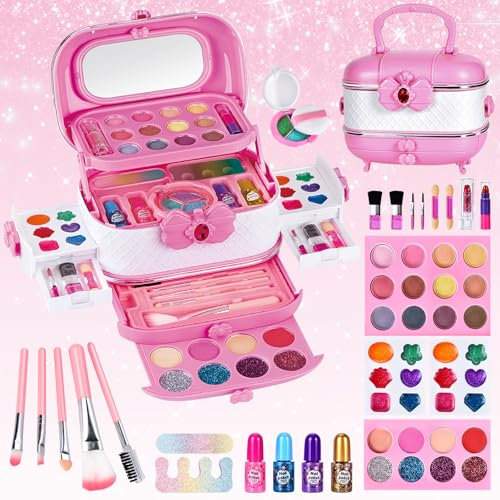 BuzzoXerex Kinderschminke Set, Schminkkoffer Mädchen 53 Stück Waschbar Schminke Kinder Make Up Spielzeug Set mit Schminkspiegel, Kosmetikpinsel und Lippenstift für Mädchen 3 -10 Jahre
