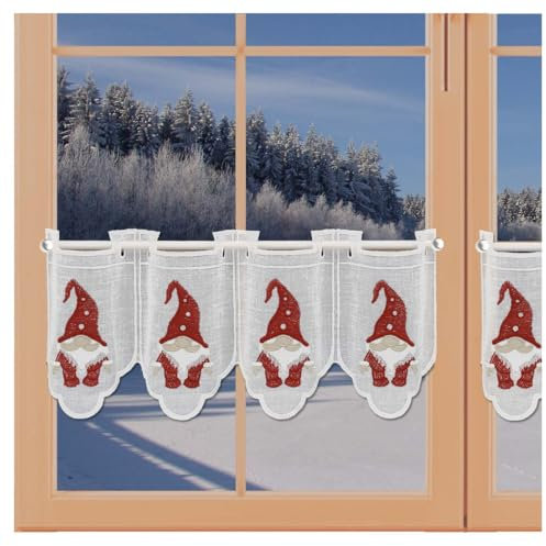 artex deko Winter-Feenhausgardine Kleine Wichtel mit Stickerei in rot-beige bestickte Scheibengardine Advent Leinenoptik 20 x 64 cm