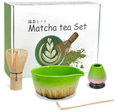 Mycketop Premium Matcha Set 4-tlg. Bambus Chasen, Teelöffel, Keramik Ausguss Schale, Ständer, Einsteiger Zubehör für Japanische Teezeremonie, Geschenk für Matcha Liebhaber, grünem Farbverlauf