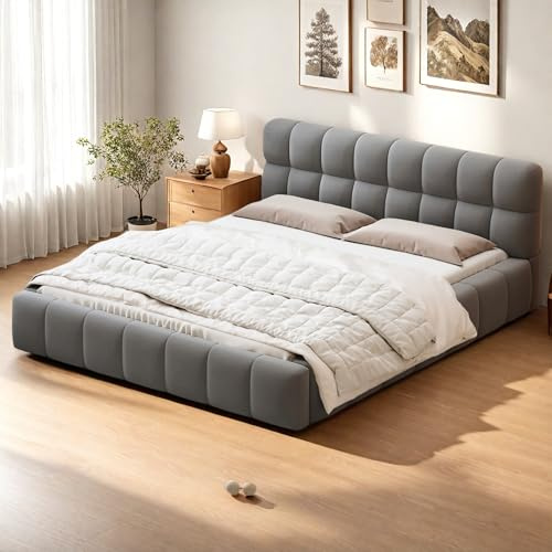 Lit Double Rembourré 140x190 cm, Lit Bubble avec Sommier à Lattes, Lits 2 Personnes Capitonne avec Tête de Lits, Cadre de Lit pour Adulte Chambre à Coucher et Chambre d'amis, sans Matelas, Lin