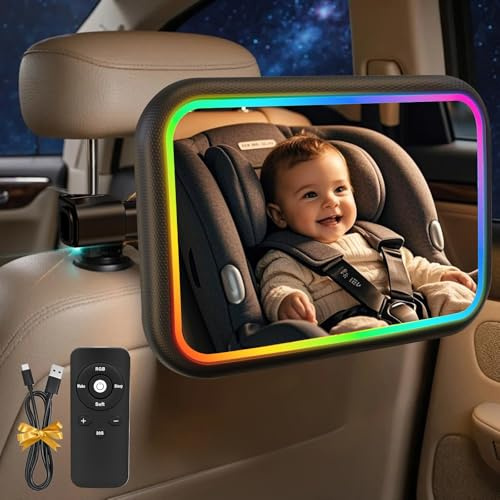 Espejo Retrovisor de Bebé con RGB LED, Espejo Coche Bebé Asiento Trasero 100% a Prueba de Roturas Luz LED espejo Retrovisor Coche Bebé 360° Giratorio con Clip de Gancho Observación