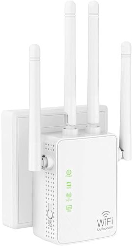 AILKIN Repetidor WiFi, 1200Mbps Doble Banda 2.4G/5G Extensor WIFI, 4 Antena Amplificador Wi-Fi, Adecuado para la oficina el hogar Wi-Fi extensión de la señal, Potenciador de Internet - Puerto Ethernet