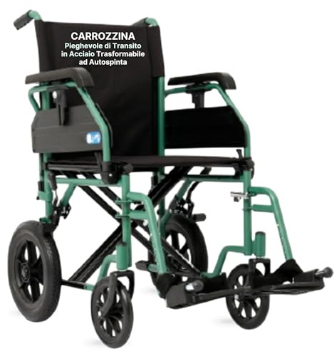 REMEDIA ONE - Sedia a Rotelle Pieghevole Leggera da Transito, Carrozzina per Disabili in Acciaio Predisposta per Autospinta - Seduta 46 cm, Verde