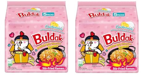 Carbonara Buldak Noodles Hot Chicken Flavor Ramen (130gx5) - Ramen Instant Noodles Excellent for Snacks & Soups (Pack of 2)
