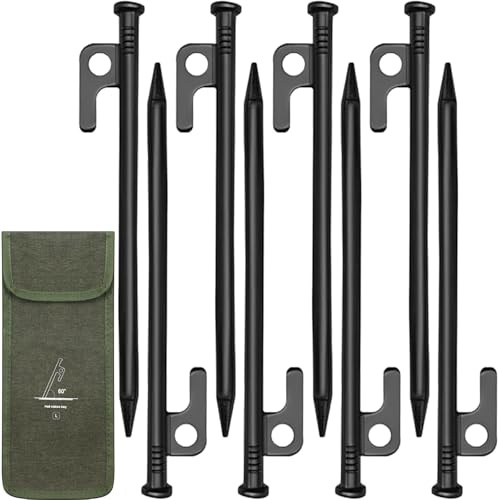 8 st ultrastarka svarta fästtältpinnar med krok och hål, 30 cm sardiner, camping, smidesstål, robusta metallkantspikar för hårt golv, strand, picknick, vandring, utomhus