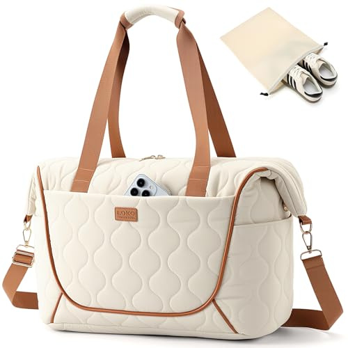 Lekespring Puffer Resväska Dam Sportväska med Skofack Weekendväska Förpackningsväska Travel Bag Handbagage Gym Väska Klinikväska Födelseväska Sjukhusväska, Beige, M