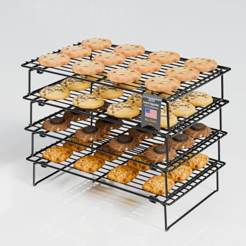 4PCS Cooling Racks for Cooking and Baking, Collapsible 4 Tiers 25X40cm Cool Batches of Cookies, Non-Stick & BPA-Free, Oven and Dishwasher Safe (Black-148)