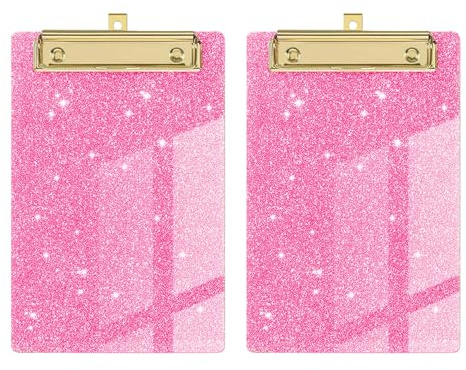 HARY 2 tavolette portablocco in acrilico glitterato, graziose tavolette portablocco, in plastica acrilica rosa, piccole tavolette portablocco con clip per bambini, studenti, insegnanti, donne, artisti