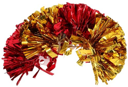 IMIKEYA Pompones de Animadora 4 Piezas Rojo y Dorado, Accesorios para Fiestas de Baile y Eventos Deportivos, Pompones para Animar Anillo de Seguridad, Ideales para Porristas y