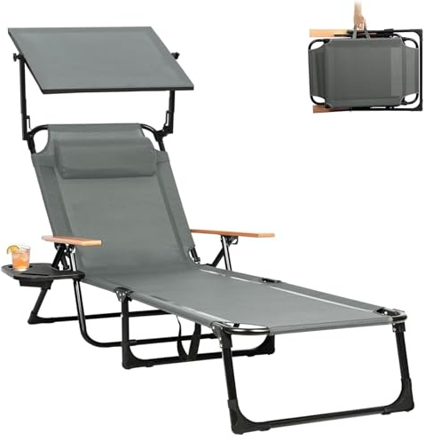 YUODIJIO Chaise Longue Pliable Inclinable 4 Positions Transat, Charge Max 150KG, Transat Pliant Légère et Pliable, Fauteuil Relax Jardin pour Jardin Terrasse Piscine Plage Camping (Gris avec auvent)