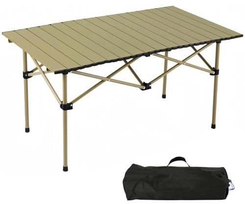 Table de camping pliable – Table à roulettes avec plateau enroulable, table pliante portable en acier avec sac de transport, idéale pour le camping, le barbecue, le pique-nique, le jardin et la plage