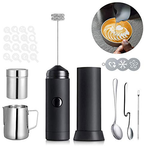 Milk Frother Handheld Coffee Art Set, Electric Coffee Frother with Milk Frother Pitcher, Powder Cocoa Shaker, Coffees Stencils, Coffees Spoons, Latte Art Pen