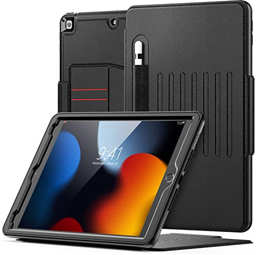 SEYMAC Hülle für iPad 9./8./7. Generation 10,2 Zoll 2021/2020/2019, Tropfenfeste Robuste Hülle mit [7-Winkel-Magnetständer], Stifthalter, Kartenfächer, Automatische Wake/Sleep Smart-Cover, Schwarz