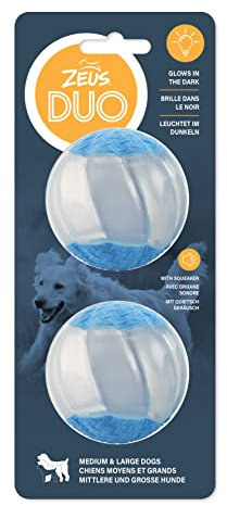 Zeus Duo-Bälle mit Quietscher, leuchtet im Dunkeln, interaktives Hundespielzeug, groß