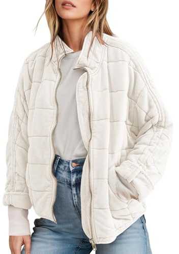 SAUKOLE Womens Double-Sided Suede Quilted Jacket Full-Zip Lightweight Down Jackets Winter Bomber Coats Outwear Beige