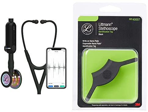 3M Littmann CORE Digital Stethoscope, 8572, High Polish Rainbow Chestpiece, Black Tube, Stem and Headset, 69 cm & 3M Littmann Stethoscope Identification Tag, Black, 40007