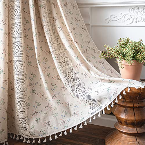 Sutuo Home Boho Curtain Semi-Blackout Crochet Hollow Lace Patchwork with Floral Print Cotton Linen Fabric, Handmade Tassels Rod Pocket Bohemian Window Drapes for Living Bedroom, 59W x 84L, 1 Panel