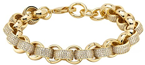 12mm Gold Alternate Pattern Belcher Bracelet with Stones - Luxury Finish and Detailing 18K Real Gold Plated Jewellery (Length: 8-9 Inches, Weight: 50 grams) - Bling King London