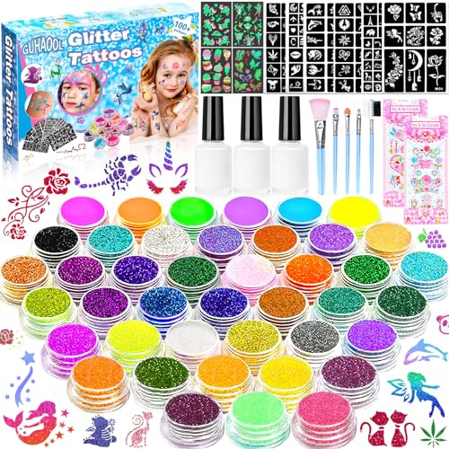 GUHAOOL glittertatueringsset för tjejer, tillfälligt tatueringsset för barn, glittertatueringsset barn, 41 glitterpulver, 159 schabloner, 245 strass, 40 självlysande barntatueringsklistermärken