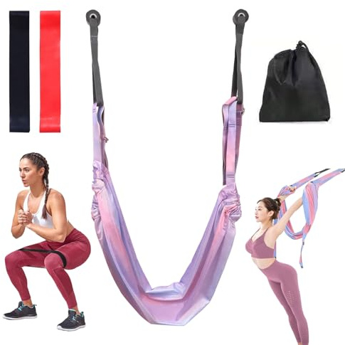 Yoga Stretching Strap, Aerial Yoga Hammock, Waist Back Stretch Strap, Flexibility Tensile Trainer with 2Pcs Resistance Bands for Pilates, Yoga, Stretching(Rainbow)