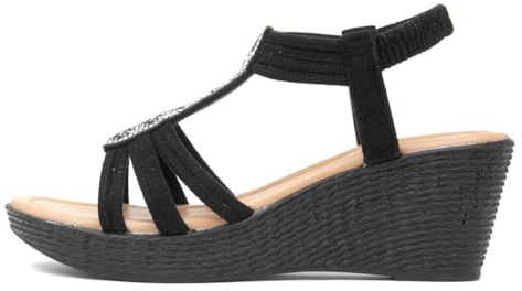 Lilley Womens Black Slip On Diamante Wedge Sandals - Size 8 UK - Black