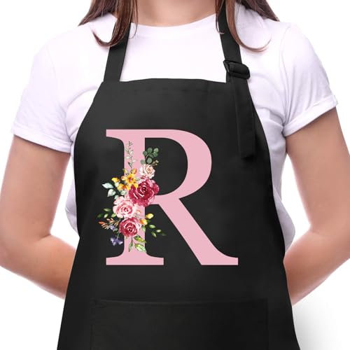 Delantal Cocina Mujer con Inicial y Flores, Delantales Impermeables con Bolsillos, Delantal de Barbacoa Ajustables para Cocina Café Jardinería Hornear, Regalo de Cumpleaños para Mamá Esposa Abuela R