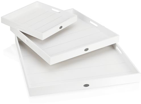 COM-FOUR® 3-delad träbricka set, vintage dekorativa brädor i 3 storlekar | vita serveringsbrickor med liten metallplatta - återanvändbara dekorativa skålar med handtag