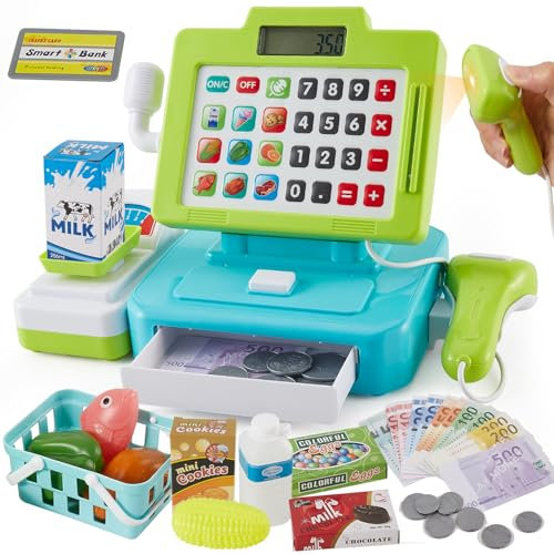 LINFUN KIDS Caja Registradora Juguetes con Nicrofono y Sonido Juguete de Supermercado Tienda Juego de rol Regalos para Niños de 1 2 3 Año Verde