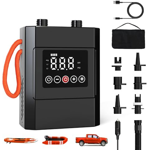 Electric Paddle Board Pump, 20PSI Rechargeable Sup Pump with Storage Bag and Led, Intelligent Dual Stage Inflation & Deflation, Auto-Off SUP Air Pump for Stand Up Paddle Boards, Kayaks, Boat