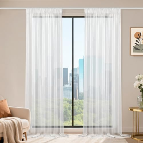 Runyéla Stores Gardinen mit Kräuselband 2er Set, Voile Schiebegardinen 245 x 140 (HxB), Transparent Gardine, Vorhang Weiß, Vorhänge für Wohnzimmer Schlafzimmer Sheer Curtain