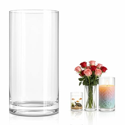 Yuragim Vaso Cilindrico Vetro, Vaso Vetro Trasparente 20 cm Grande Vaso di Vetro per Fiori, Vasi Decorativi interno Moderni per Tulipani Rose Matrimoni Centrotavola Soggiorno Cucina Ufficio (10x20cm)
