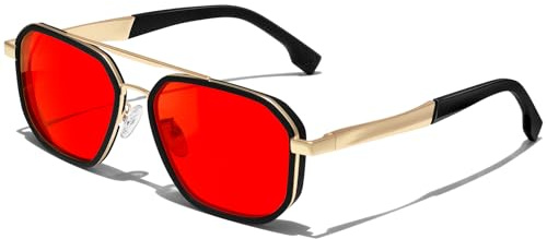 KANASTAL Red Sunglasses Mens Square Womens Festivals Retro Metal UV400