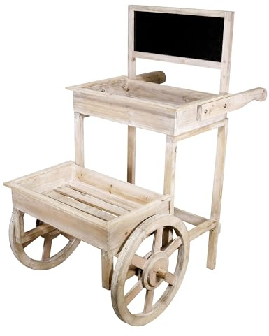 Alpine Corporation MBB104 Indoor Outdoor Wooden 2 Tier Plant Display Stand with Chalkboard and Wheels, 34 Tall, Off-White