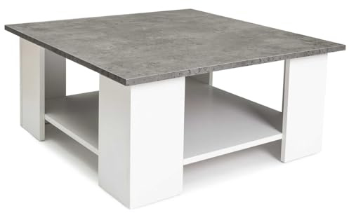 IDMarket – Mesa baja cuadrada ELI blanca bandeja efecto hormigón