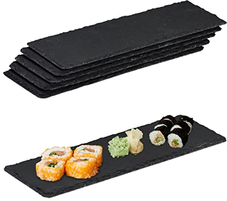 Relaxdays 24 x Schieferplatte, längliche Servierplatten aus Schiefer, Servieren & Beschriften, 30x10 cm, Sushi Platte, anthrazit