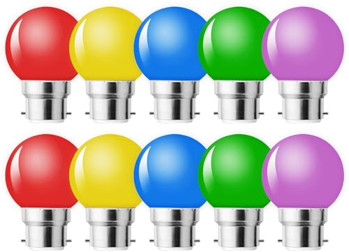 MZYOYO B22 1W LED-Lampen, Energieeffiziente Glühbirne in bunten Farben, Weihnachtsbirne, Girlandenbirnen Rot, Gelb, Blau, Grün, Lila,10er Pack
