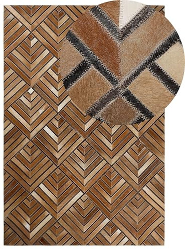 Alfombra de piel de vaca piezas de cuero marrón 160 x 230 cm patrón geométrico de diamantes Tekir