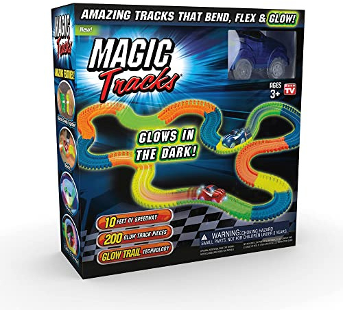 Ontel Magic Tracks 10 Foot Glow In The Dark Bendable Flexible Racetrack with LED Light-Up Race Car, Educational Playset Birthday Gift for Ages 3+