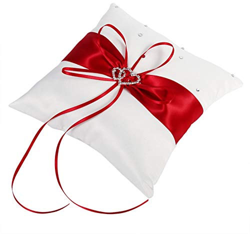 Tyenaza Ringkissen Hochzeit, 20cm × 20cm Rot Seidenband Ringkissen Hochzeit Romantisches Kissen mit Bowknot Doppelten Herzen Dekoration Braut Hochzeits Ringkissen Deko Vintage