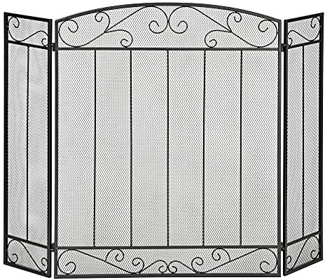 HOMCOM Salvachispas para Chimenea 105x80,5 cm Pantalla para Chimenea Plegable de 3 Paneles Protector de Chimenea con Bisagras Estructura de Metal y Alambre Decorativo Negro