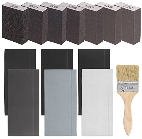 Glarks Juego de 20 esponjas abrasivas de grano 36 – 220, grano medio, esponja de lija blanca de grano 240 – 5000 y 1 cepillo, ideal para madera, metal
