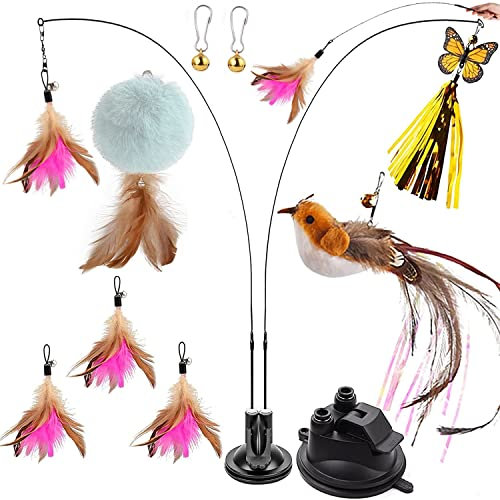 SeaMorn Katzenspielzeug Selbstbeschäftigung, Interaktives Katzenspielzeug Angel mit Feder - Intelligenz Spielzeug für Katzen Katzenangel Mit Saugnapf (11Stück)
