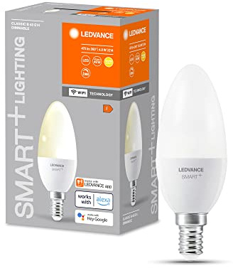 LEDVANCE Smarte LED-Lampe mit WiFi Technologie, Sockel E14, Dimmbar, Warmweiß (2700 K), ersetzt Glühlampen mit 40 W, SMART+ WiFi Candle Dimmable, 1er-Pack