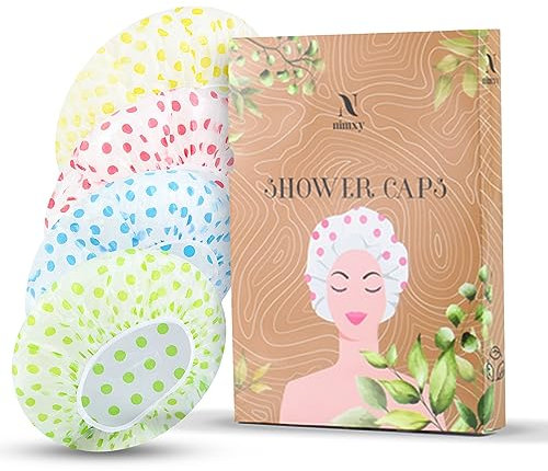 Nimxy Pack of 4 Shower Cap, Reusable Shower Caps For Women & Men - Waterproof with Elastic Band & Soft Lining (Dotted)